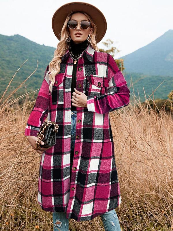 Womenswear Plaid Print Button Front Drop Shoulder Overcoat jacket, Casual Long Sleeve Flap Lady Pocket Outerwear for Fall & Winter,  Winter Clothes Women, Women's Clothing for Daily Wear