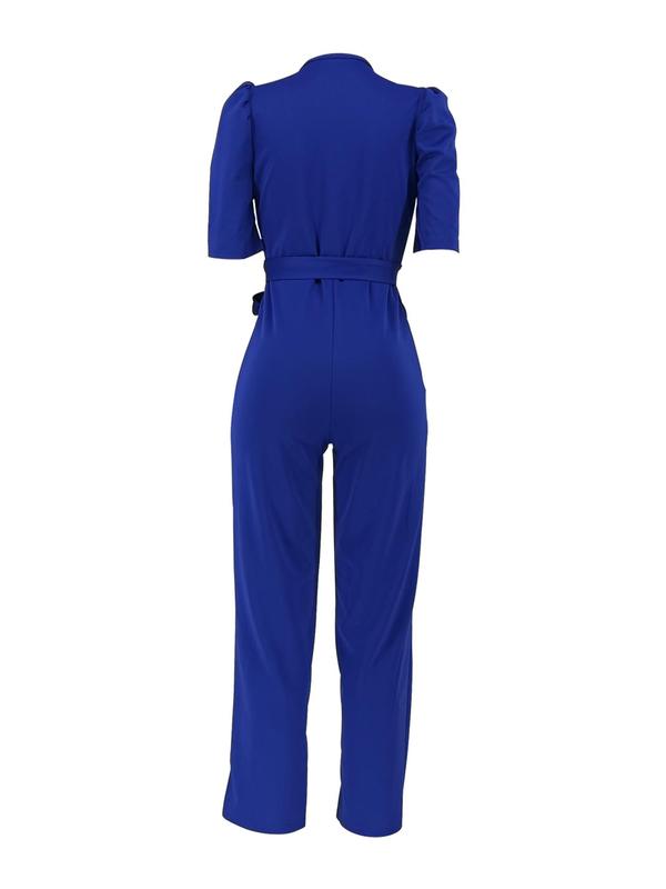 Women's Solid Belted Wrap Puff Sleeve Jumpsuit, Elegant Deep V Neck Straight Leg Jumpsuit, Ladies Summer Clothes For Work Office Business