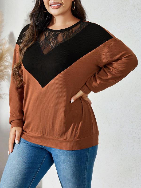 CURVZY Christmas Deals, Plus Size Patchwork Contrast Lace Drop Shoulder Tee, Casual Long Sleeve Round Neck T-shirt for Spring & Fall, Women's Clothing for Daily Wear, Christmas 2024 Trend, Fall & Winter Clothes