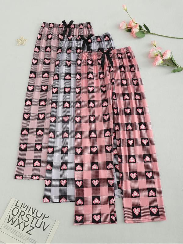 Women's Plaid & Heart Print Bow Decor Pajama Pants, Casual Comfy Elastic Waist Sleep Trousers for Daily Wear, Ladies Sleepwear for All Seasons