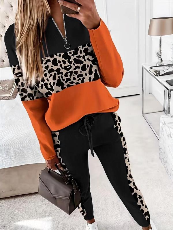 Two-piece Set Women's Colorblock Leopard Print Zipper Mock Neck Sweatshirt & Drawstring Waist Sweatpants Set, Casual Long Sleeve Top & Pocket Jogger Pants for Spring & Fall, Ladies Clothes for Daily Wear, Comfy Pants