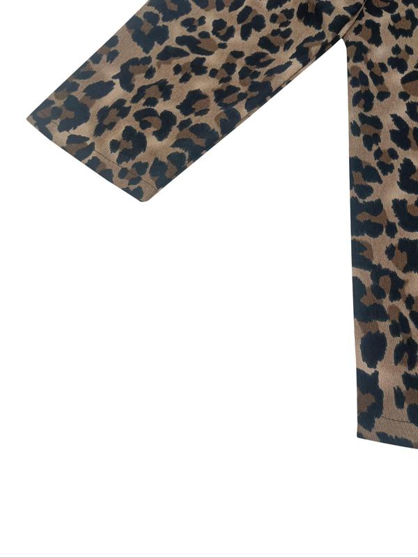  Leopard Print Long Sleeve Open Front Jacket, Casual Round Neck Outerwear for Fall & Winter, Women's Clothes for Daily Wear