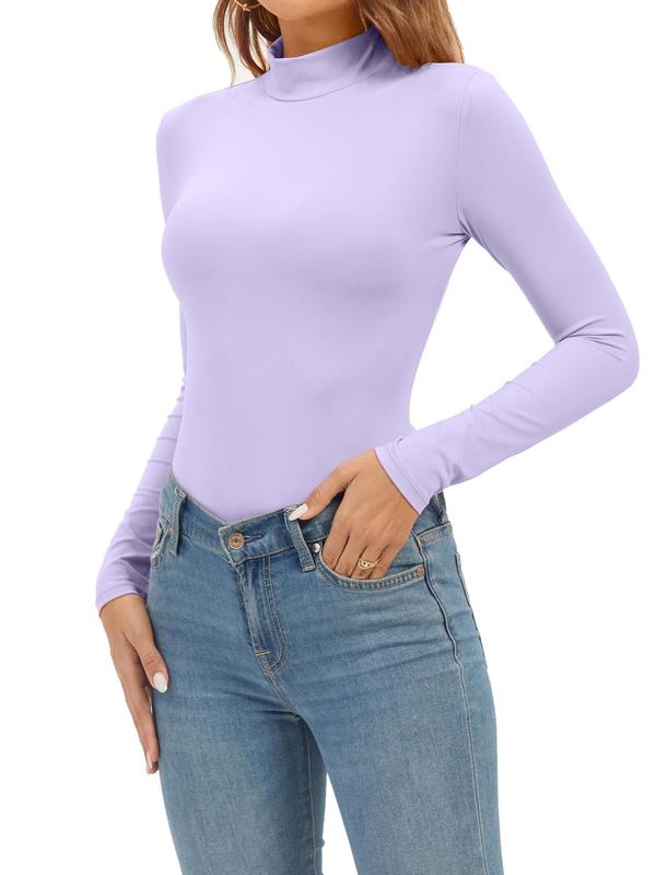 Women's Solid Color Mock Neck Long Sleeve Bodysuit, Basic Casual Comfy Bodysuit for Daily Wear, Ladies Clothes for All Seasons