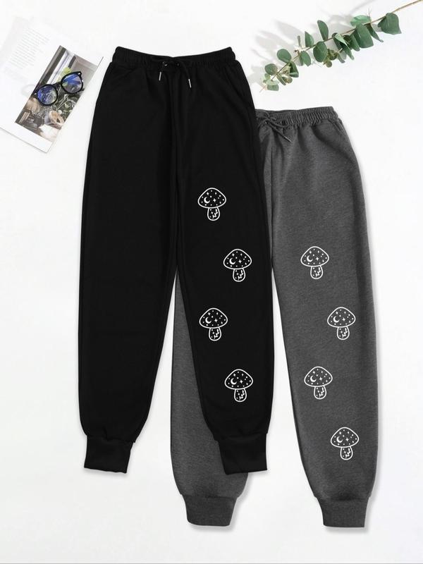 Women's Mushroom Print Drawstring Waist Sweatpants, Casual Pocket Design Pants for Fall & Winter, Women's Trousers for Daily Wear