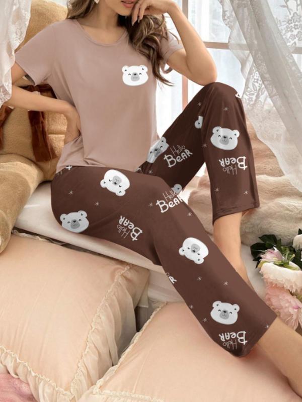 Women's 2pcs Cartoon Bear Print Tee & Elastic Waist Pants Pyjama Set, Casual Comfy Round Neck Short Sleeve T-Shirt & Pocket Trousers PJ Set, Ladies Sleepwear for All Seasons