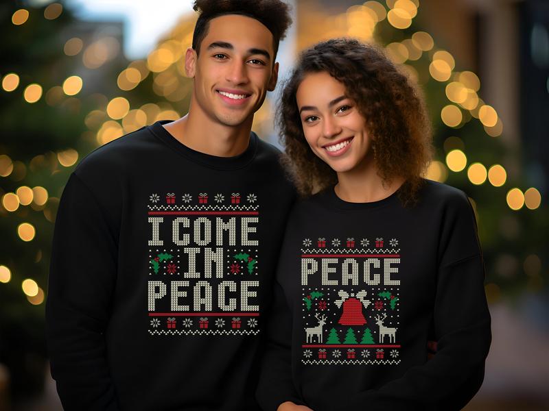 Ugly Christmas Matching Couples Sweatshirt, Funny Couples Christmas Sweater, I Come In Peace Shirt Adult Humor Xmas Sweater, Couples Pajamas