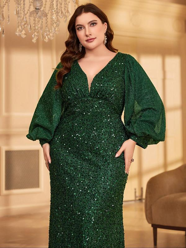 Plus Size Lantern Sleeve Glitter Sequin Evening Dress, Elegant Deep V Neck Zipper Back Long Sleeve Maxi Dress for Party & Banquet, Dresses for Women, Women's Plus Size Clothing