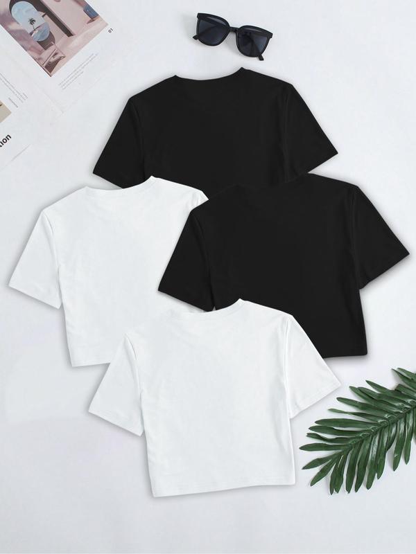 Women's Solid Round Neck Crop Tee, Casual Short Sleeve Crew Neck T-shirt for Daily Wear, Mitsy Crop Top, T Shirts for Women, Ladies Clothes for All Seasons