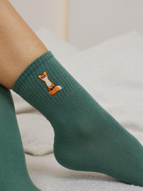 Women's Cute Cartoon Fox Embroidery Crew Socks, Casual Soft Comfy Breathable Socks for Daily Wear, Women's Socks for All Seasons