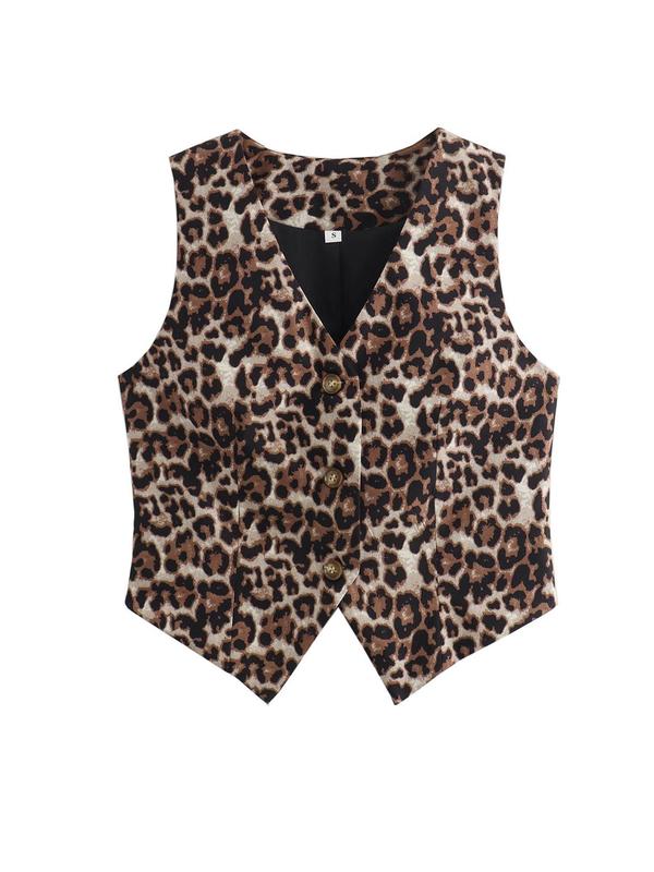 Women's Leopard Print Button Front Vest Blazer, Casual Asymmetrical Hem V Neck Sleeveless Top for Daily Wear, Ladies Clothes for All Seasons