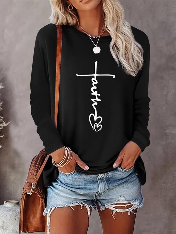 Women's Letter & Heart Print Round Neck Tee, Casual Long Sleeve Crew Neck T-shirt for Spring & Fall, Fashion Women's Top for Daily Wear