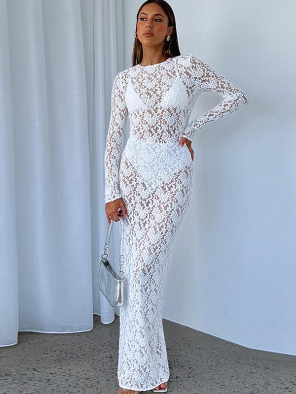 Women's Sheer Lace Long Sleeve Sheer Mermaid Dress, Sexy Round Neck See Through Long Dress for Party Club Dating Wear, Ladies Spring & Fall Clothes