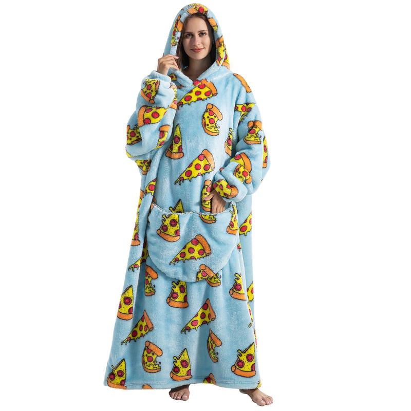 Plus Size Cute Wearable Blanket Nightgown, 1Pcs Women Men Ultra Soft Warm Flannel Oversized Hooded Wearable Blanket With Giant Pockets