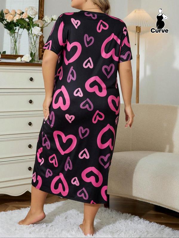  All Over Heart Print Round Neck Nightdress, Casual Soft Comfortable Short Sleeve Nightgown for Women, Women's Sleepwear for All Seasons