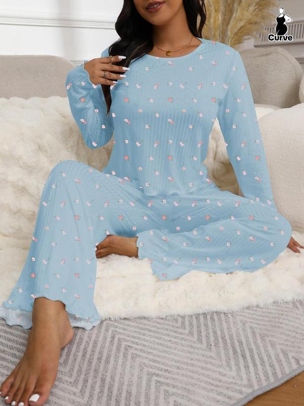  Two-Piece Set Ditsy Floral Print Lettuce Trim Tee & Elastic Waist Pants Pyjama, Casual Comfy Round Neck Long Sleeve Top & Trousers Set, Women's Sleepwear for Spring & Fall