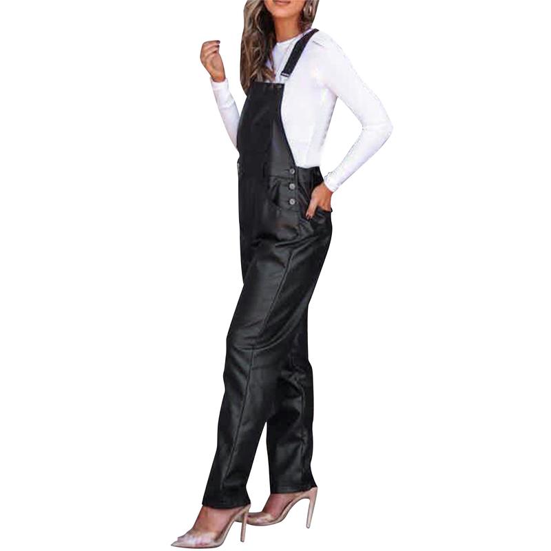 Women Leather Bib Overalls Solid Color Loose Casual Sleeveless Cargo Straight Leg Jumpsuit Romper with Pockets