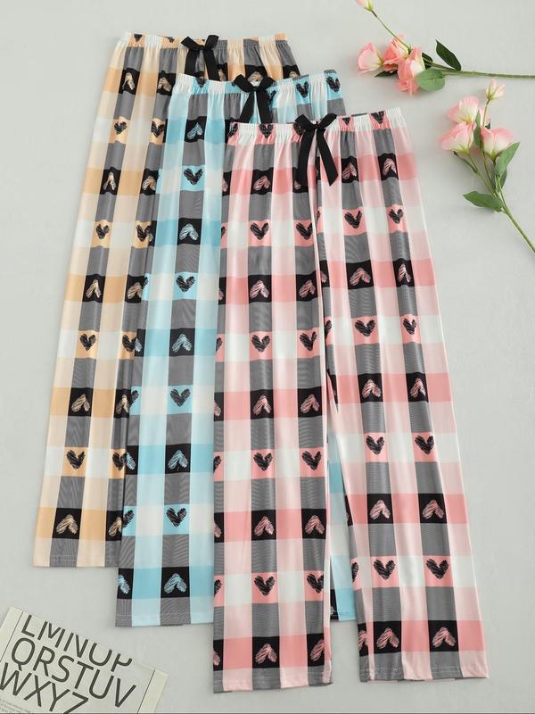 Women's Plaid & Heart Print Bow Decor Pajama Pants, Casual Comfy Elastic Waist Sleep Trousers for Daily Wear, Ladies Sleepwear for All Seasons