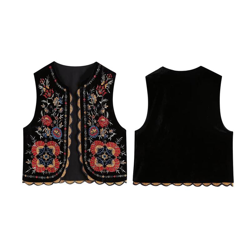 Embroidered Floral Vest for Women Sleeveless Open Front Crop Top Vintage Boho Crochet Vests Cardigan Blouse