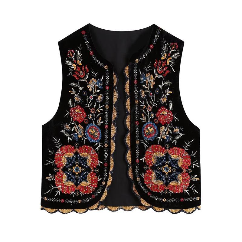 Embroidered Floral Vest for Women Sleeveless Open Front Crop Top Vintage Boho Crochet Vests Cardigan Blouse