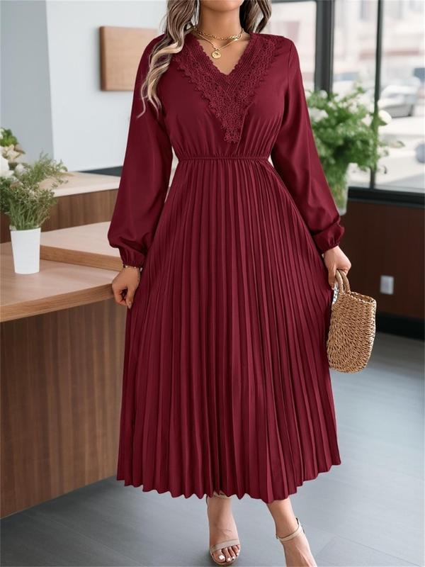 Women's Plain Lace Trim Pleated Dress, Elegant Bishop Sleeve V Neck A Line Dress for Party Holiday Wedding Guest, Ladies Fall & Winter Clothes