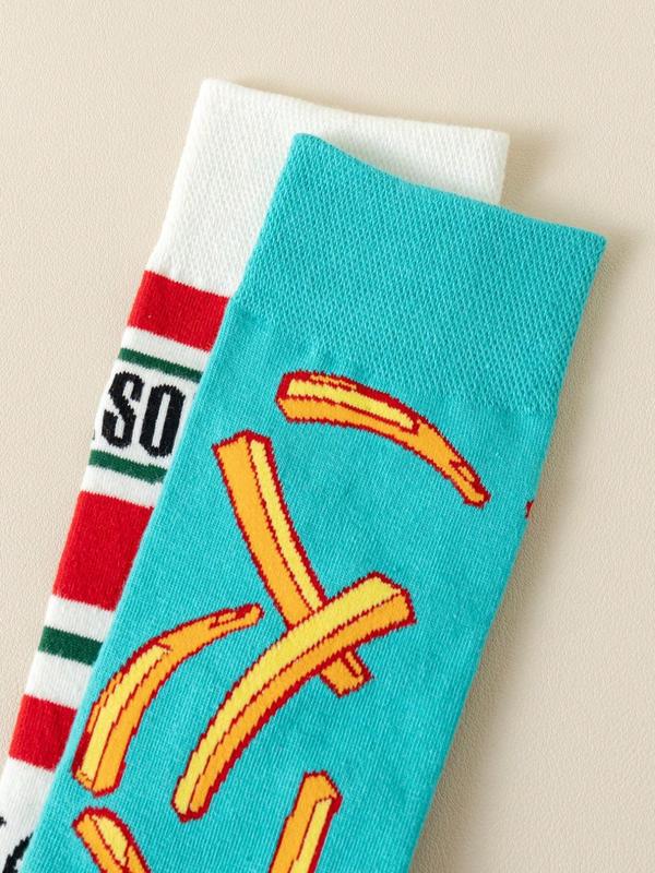 Women's Asymmetrical Colorblock Ketchup French Fries Pattern Ab Crew Socks, 1 Pair Street Graphic Mid-calf Socks for Casual Wear, Fashion Women's Socks for All Seasons