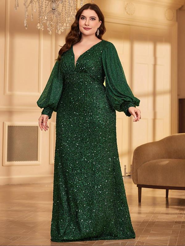 Plus Size Lantern Sleeve Glitter Sequin Evening Dress, Elegant Deep V Neck Zipper Back Long Sleeve Maxi Dress for Party & Banquet, Dresses for Women, Women's Plus Size Clothing