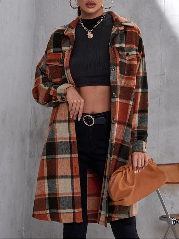 Womenswear Plaid Print Button Front Drop Shoulder Overcoat jacket, Casual Long Sleeve Flap Lady Pocket Outerwear for Fall & Winter,  Winter Clothes Women, Women's Clothing for Daily Wear