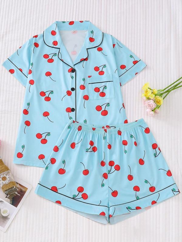 2 Piece Set Women's All Over Cherry Print Lapel Collar Pocket Shirt & Elastic Waist Shorts Pyjama Set, Casual Comfortable Contrast Binding Button Front Top & Shorts Pj Set, Pajama Sets Women, Ladies Sleepwear for Summer