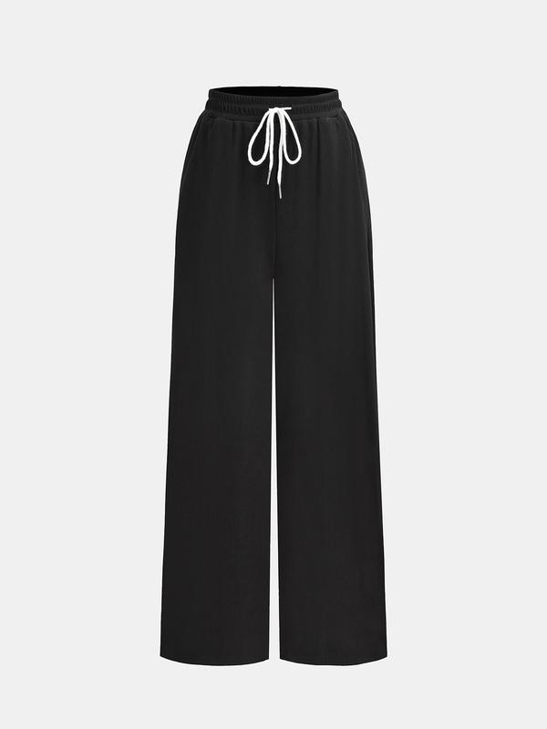 YOZY Women's Solid Ribbed Square Neck Bow Decor Bodysuit & Drawstring Waist Wide Leg Pants Two-piece Set, Casual Long Sleeve Button Closure Crotch Bodysuit & Pocket Trousers for Daily Wear, Ladies Two-piece Outfits for All Seasons