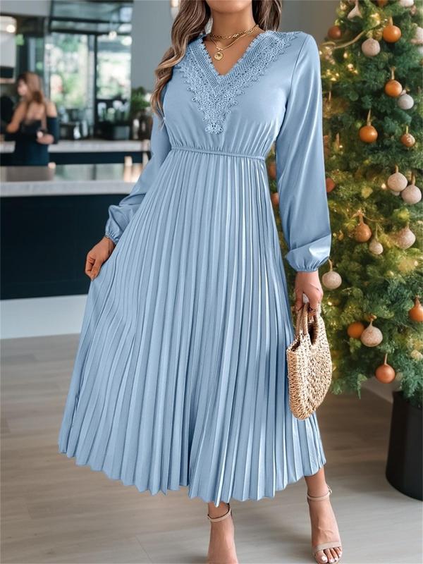 Women's Plain Lace Trim Pleated Dress, Elegant Bishop Sleeve V Neck A Line Dress for Party Holiday Wedding Guest, Ladies Fall & Winter Clothes