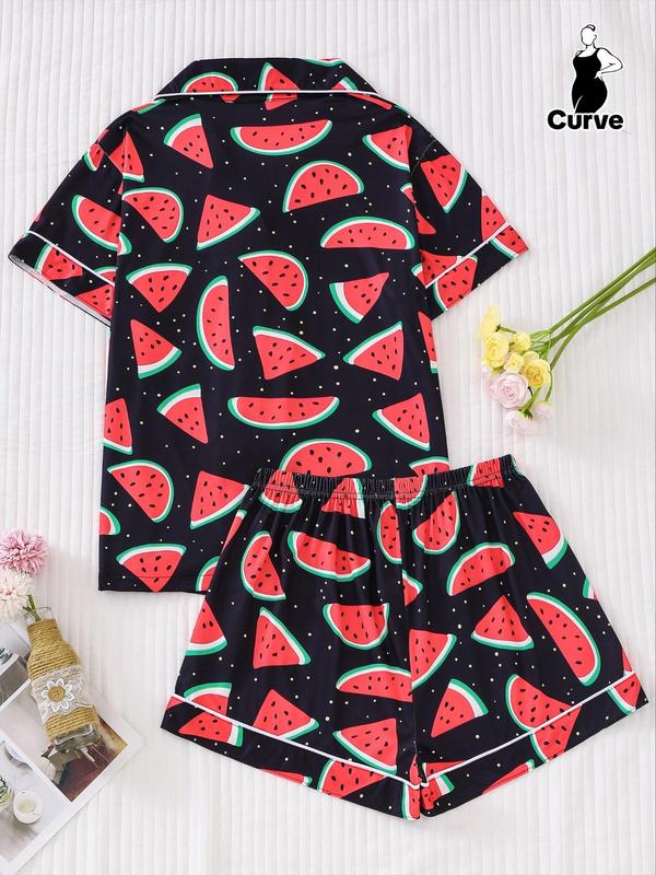  Two-Piece Set Fruits Print Lapel Neck Button Front Pocket Shirt & Shorts Pyjama, Casual Comfy Short Sleeve Top & Elastic Waist Shorts PJ Set, Women's Sleepwear for Summer