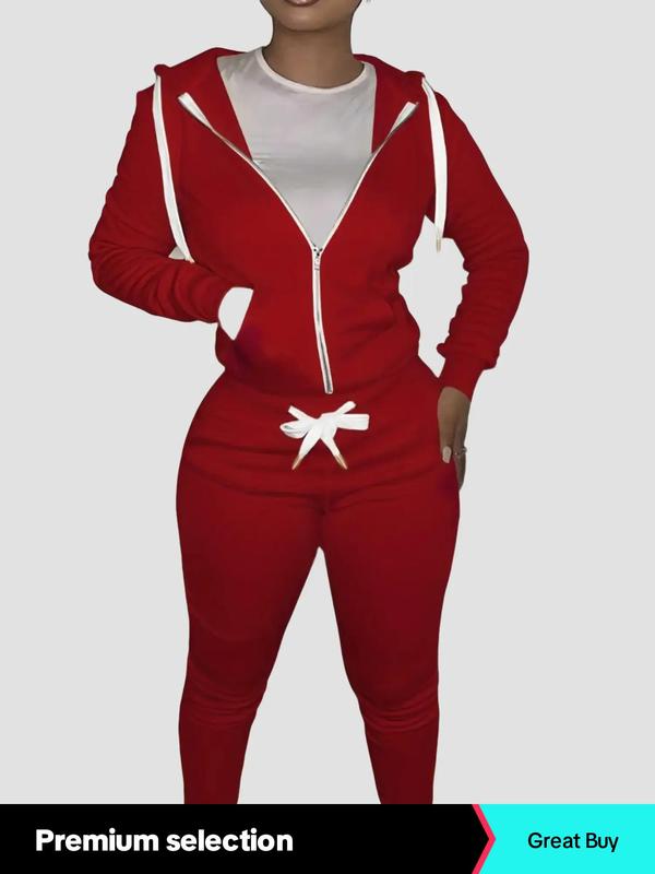 lovelyWholesale Two-Piece Set Women's Plain Drawstring Pocket Zip Up Hoodie & Skinny Sweatpants Sweatsuit Set for Fall, Hooded Sweatshirt & Jogger Trousers, Please Purchase One Size Smaller, Fall Outfits