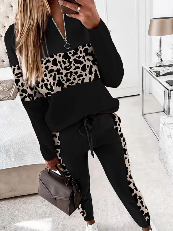 Two-piece Set Women's Colorblock Leopard Print Zipper Mock Neck Sweatshirt & Drawstring Waist Sweatpants Set, Casual Long Sleeve Top & Pocket Jogger Pants for Spring & Fall, Ladies Clothes for Daily Wear, Comfy Pants