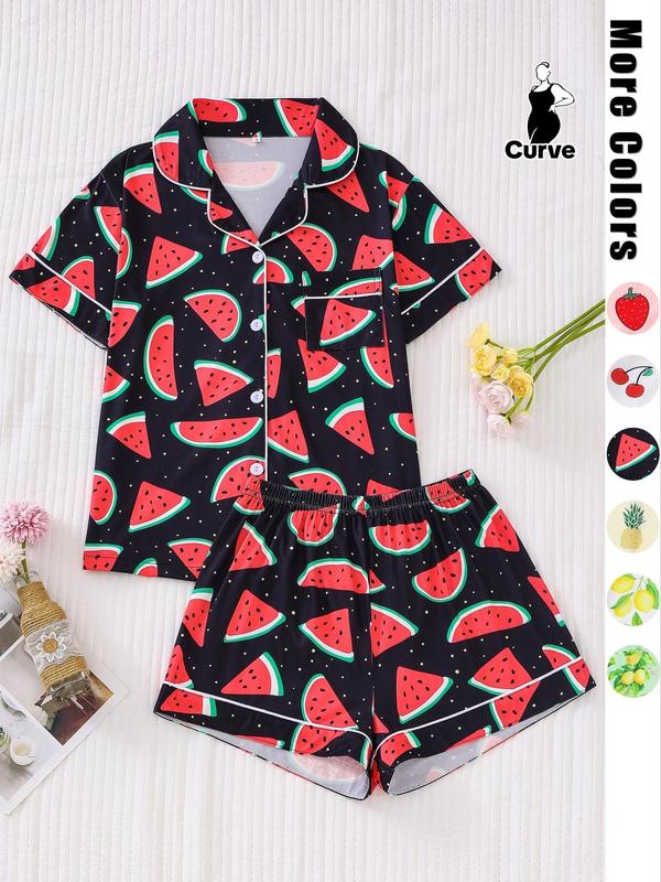  Two-Piece Set Fruits Print Lapel Neck Button Front Pocket Shirt & Shorts Pyjama, Casual Comfy Short Sleeve Top & Elastic Waist Shorts PJ Set, Women's Sleepwear for Summer