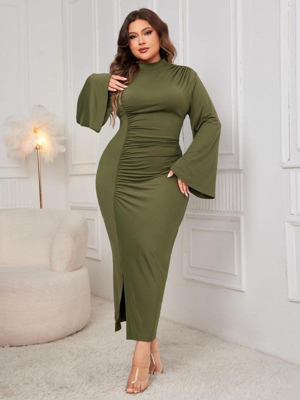  Solid Ruched Split Hem Bodycon Dress, Elegant Mock Neck Long Sleeve Dress for Party Holiday Wedding Guest, Women's Clothes for Fall & Winter