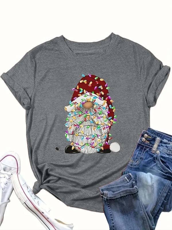  Christmas Print Round Neck Tee, Casual Short Sleeve Crew Neck T-Shirt for All Seasons, Women's Clothing for Daily Wear