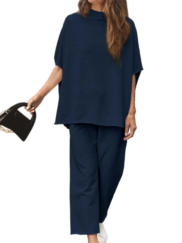 Women's Solid Batwing Sleeve Mock Neck Top & Pants Loungewear Two-Piece Set, Casual Comfy Half Sleeve Top & Trousers PJ Set, Ladies Sleepwear for All Seasons