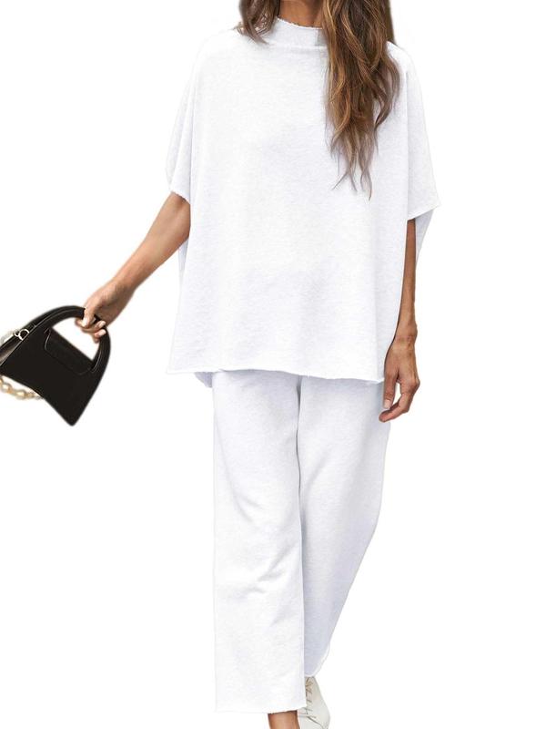 Women's Solid Batwing Sleeve Mock Neck Top & Pants Loungewear Two-Piece Set, Casual Comfy Half Sleeve Top & Trousers PJ Set, Ladies Sleepwear for All Seasons