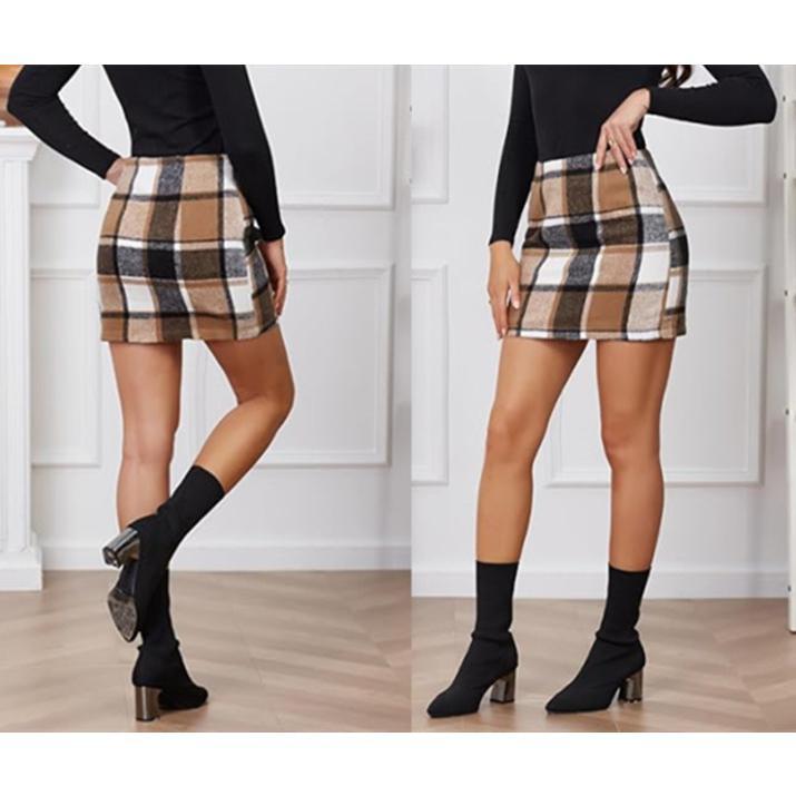 Womens High Waist Plaid Skirt 2024 Plaid Pencil Skirts for Women High Waisted Casual Stretch Bodycon Wool Mini Skirt