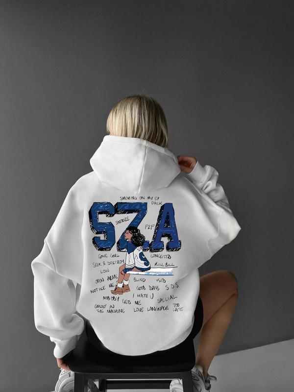 Women's Cartoon Sza & Letter Print Drawstring Pocket Hoodie, Fashion Casual Hooded Sweatshirt For Daily Holiday Outdoor Wear, Women Clothing For Fall & Winter, Full Size, Full Color