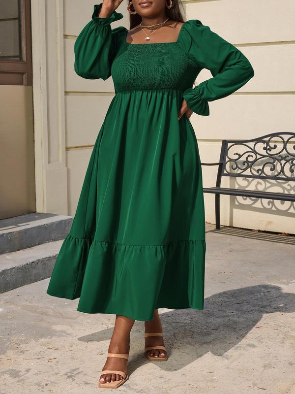 CURVZY Christmas Deals, Plus Size Plain Shirred Ruffle Hem Autumn Aesthetic Milkmaid Flounce Sleeve Dress, Plus Casual Square Neck Long Sleeve A Line Dress for Daily Wear, Christmas 2024 Trend, Fall & Winter Clothes