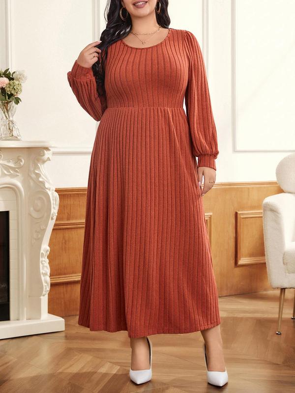 CURVZY Plus Size Solid Bishop Sleeve Ribbed A Line Dress, Casual Long Sleeve Round Neck Dress for Fall & Winter, Women's Clothes for Daily Wear