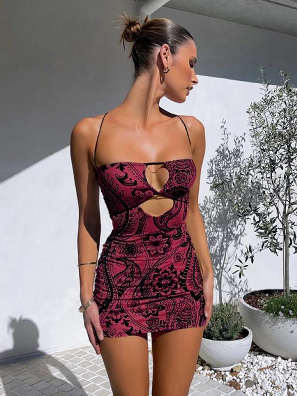 Women's Paisley Print Criss Cross Cut Out Backless Bodycon Cami Dress, Fall Outfits, Boho Spaghetti Strap Mini Dress for Beach Holiday Vacation, Ladies Fall Outfits 2024, Fall Dresses for Women, Birthday Gifts, Hoco Dresses Black Girls Casual Wear