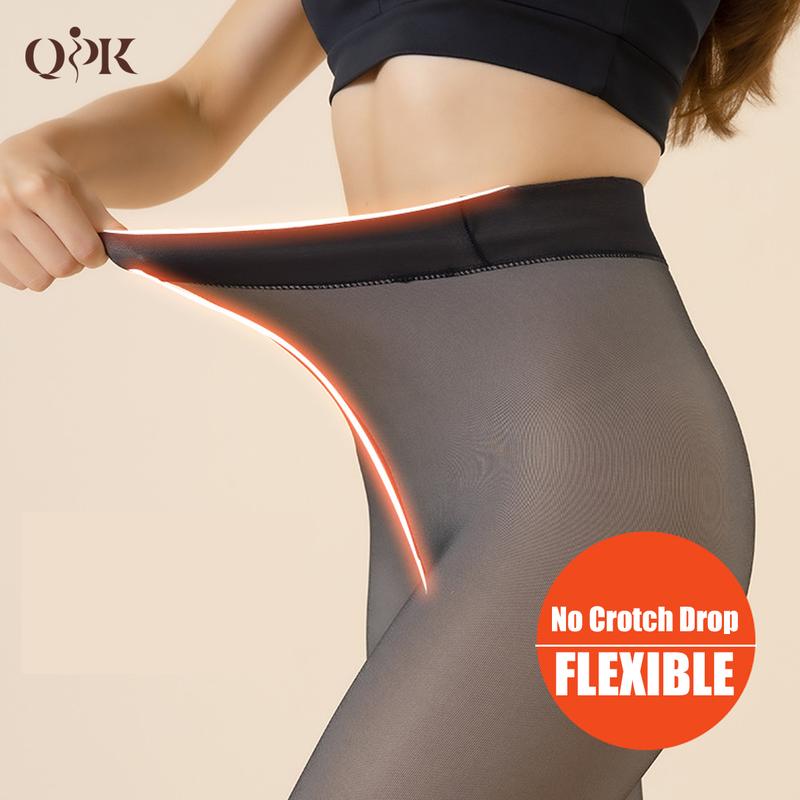 QPK Women Winter ONE LINED Tights Fake Fleece Tights  Fleece lined Leggings Fake Transparent Thermal Pantyhose Elastic Skinny Pants