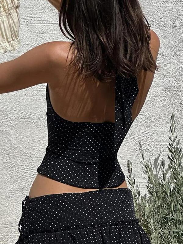 Women's Polka Dot Print Backless Button Front Crop Tank Top, Casual Tie Back Deep V Neck Sleeveless Going Out Top for Summer, Ladies Y2K Clothes for Beach Holiday