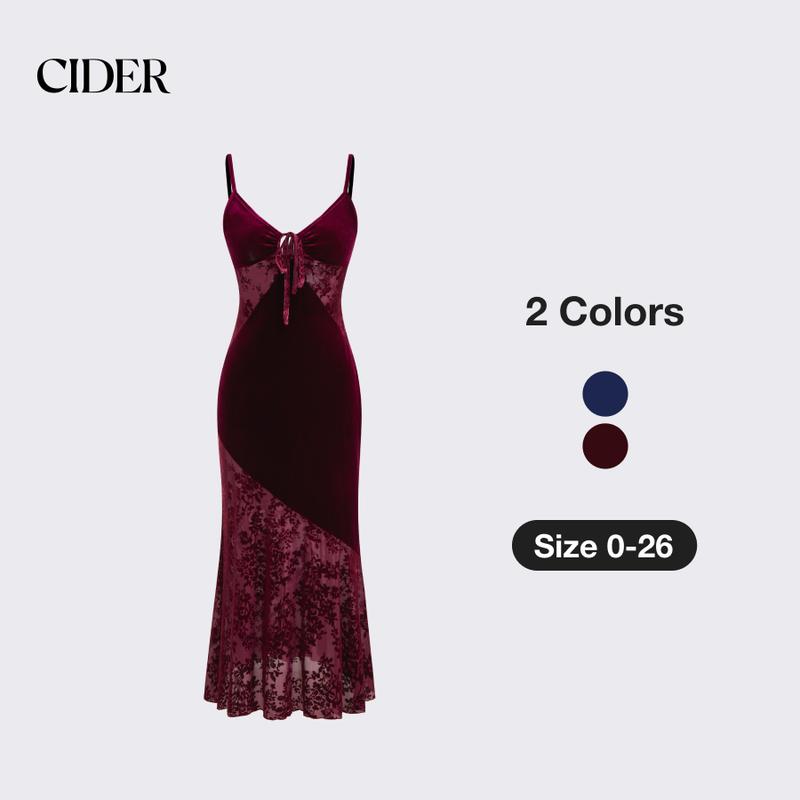 Cider [2 colors, size 0-26] Velvet V-neck Floral Cut Out Knotted Midi Dress