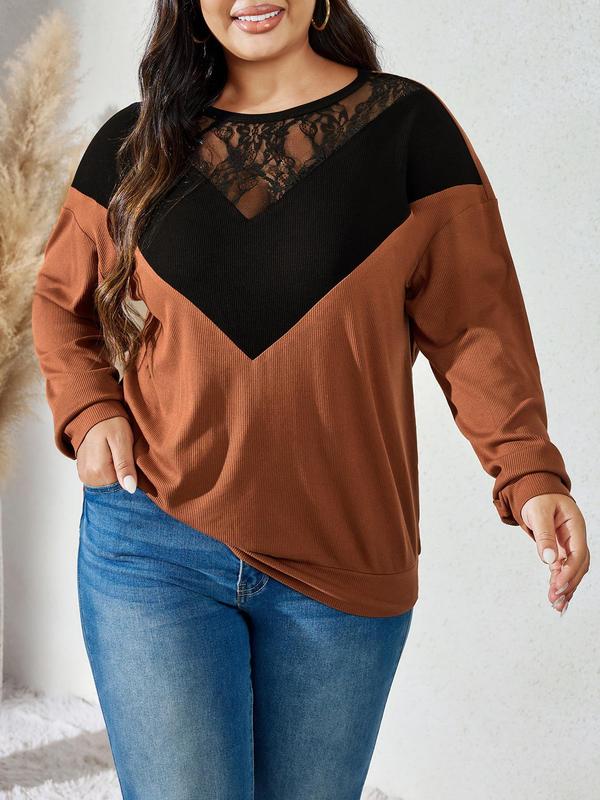 CURVZY Christmas Deals, Plus Size Patchwork Contrast Lace Drop Shoulder Tee, Casual Long Sleeve Round Neck T-shirt for Spring & Fall, Women's Clothing for Daily Wear, Christmas 2024 Trend, Fall & Winter Clothes