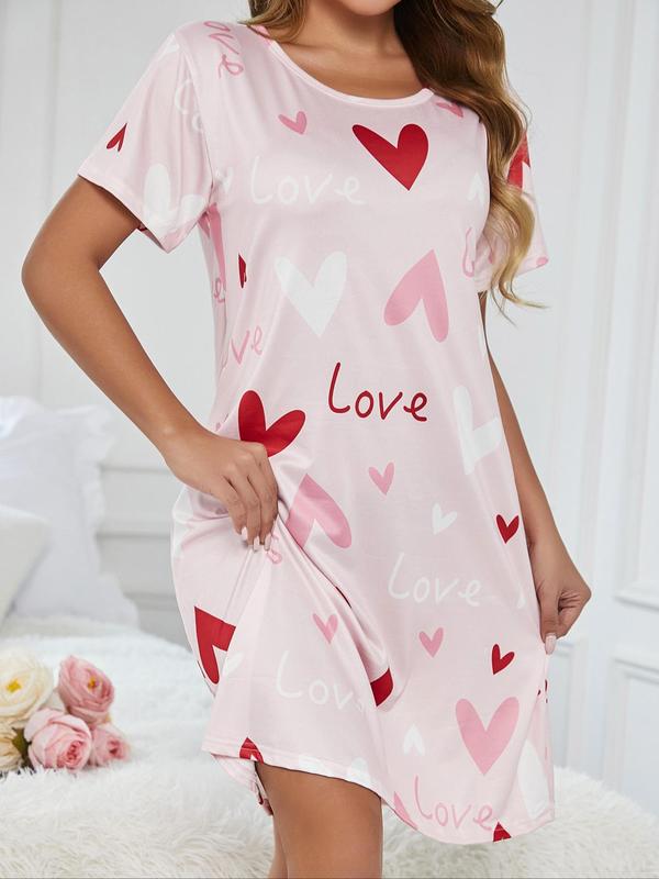 Women's Heart & Letter Print Round Neck Nightdress, Casual Soft Comfortable Short Sleeve Nightgown for Daily Home Wear, Ladies Sleepwear for All Seasons