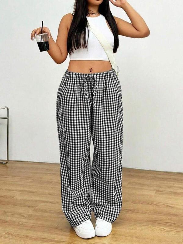  Plaid Print Drawstring Waist Pants, Casual Comfy Trousers for Women, Going Out Bottoms, Women's Bottoms for Fall & Winter, Downtown Girl Clothes