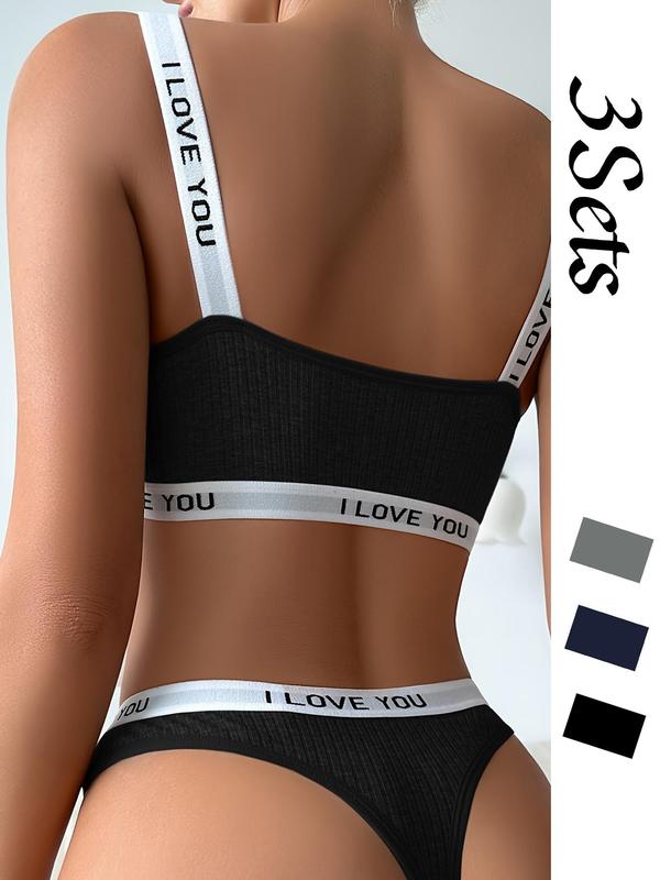 Two-Piece Set Women's Letter Print Wireless Push Up Bra & Contrast Binding Panty Set, Backless Comfortable Lingerie Set For Daily Wear, Women's Underwear For All Seasons